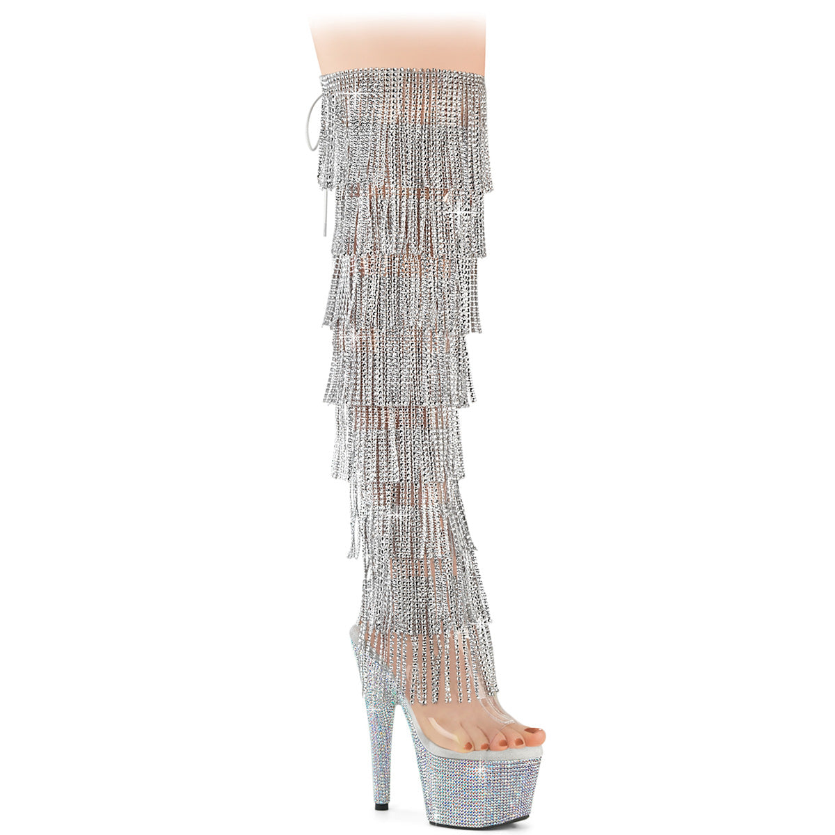 BEJEWELED-3019C-RSF- Pleaser Transparent 7 Inch High Fashion Thigh High Boots Clr Slv AB RS