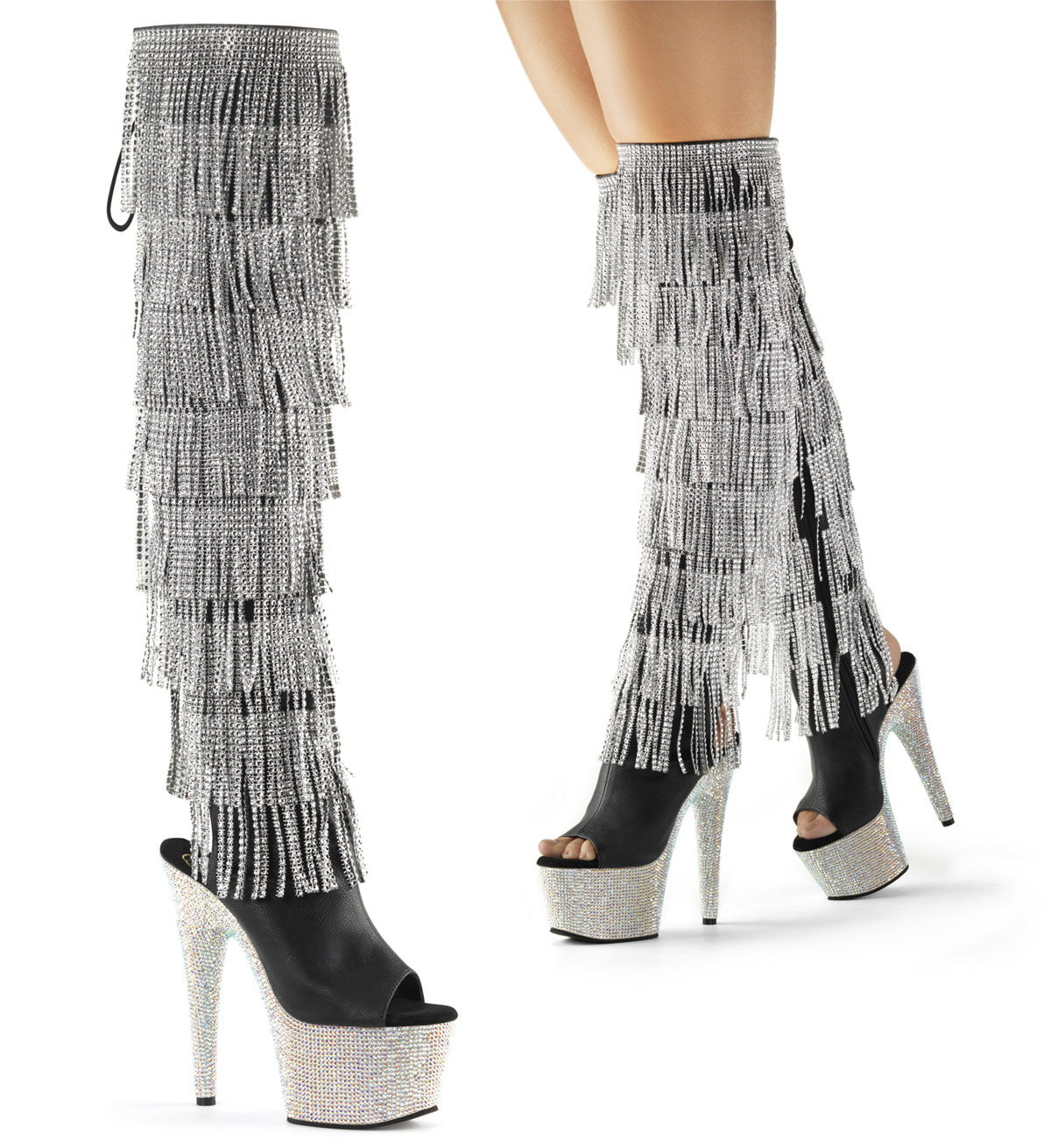 BEJEWELED-3019RSF-7 Pleaser Black 7 Inch Glamourous Thigh High Boots