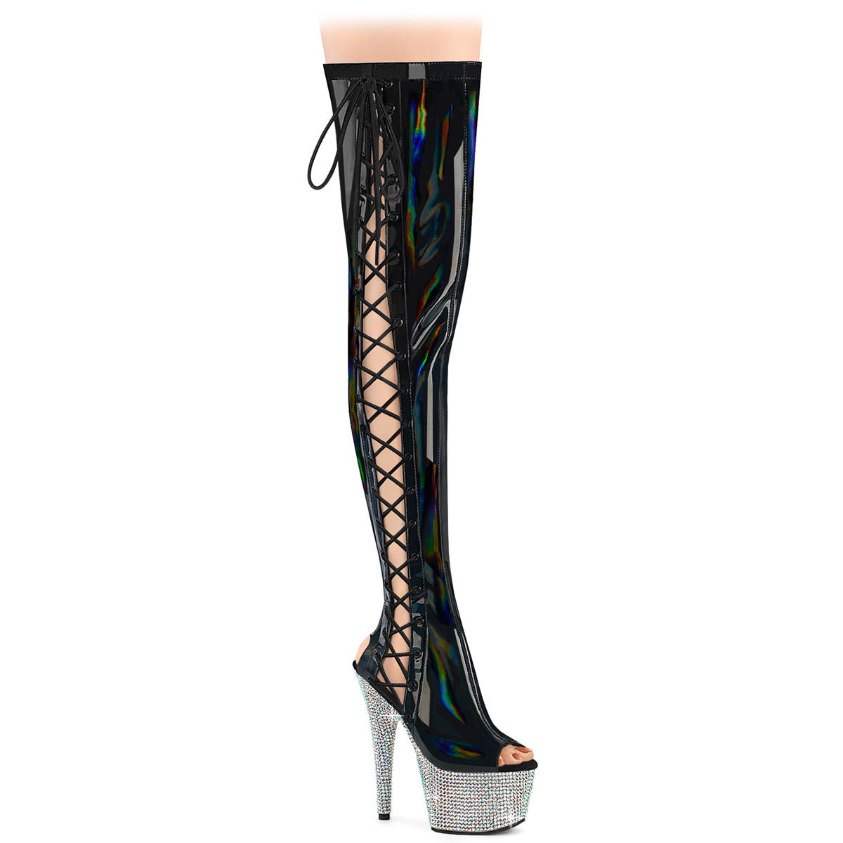 BEJEWELED-3052HG-7 Pleaser Black Patent Thigh High Boots with Bling Platforms