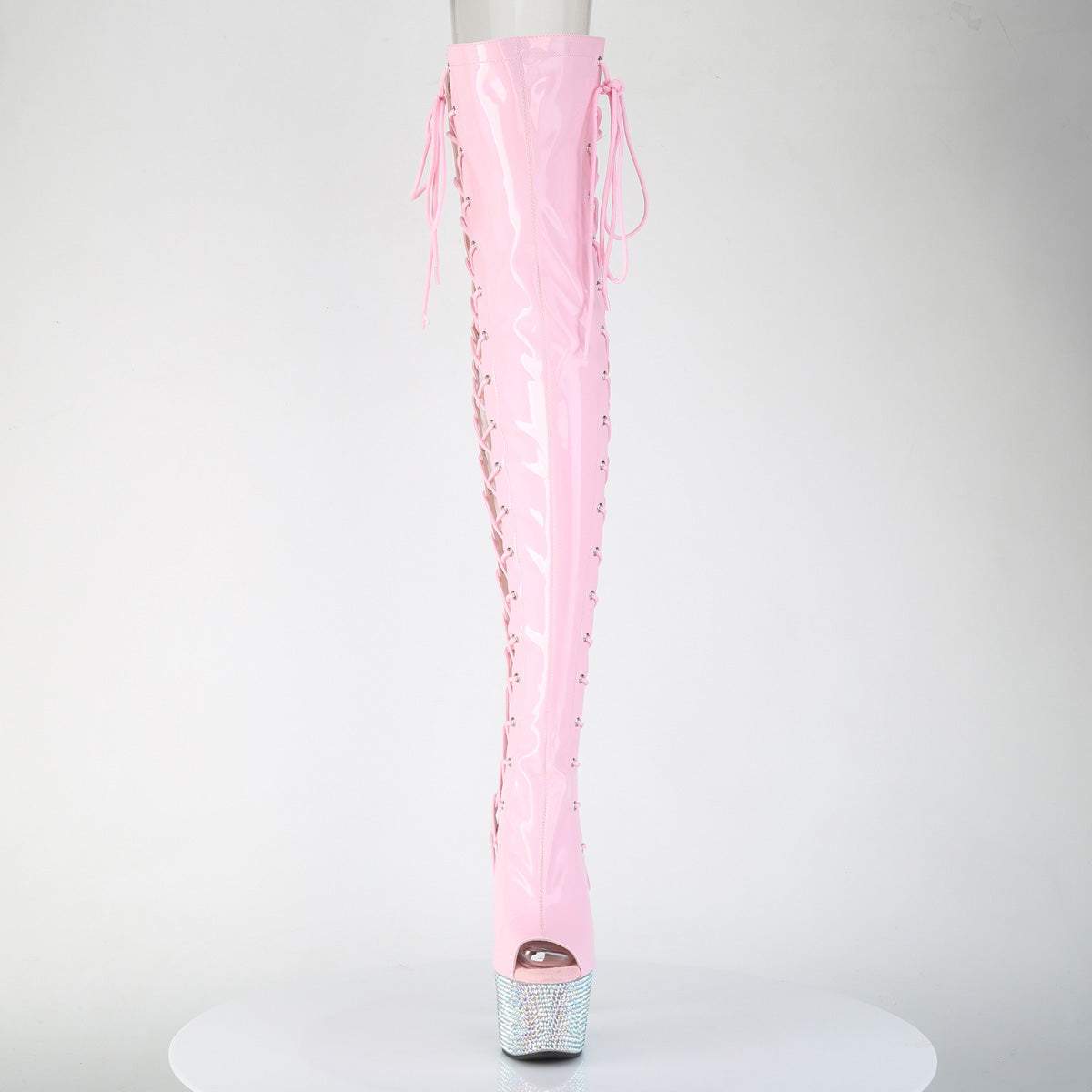 Pleaser BEJEWELED-3052HG-7 Baby Pink Holographic / Silver Aurora Borealis Rhinestones Rhinestone Lace-Up Platform Thigh High Boots - 7 Inch Heels