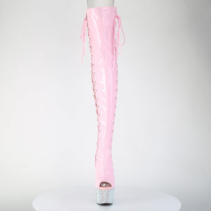 Pleaser BEJEWELED-3052HG-7 Baby Pink Holographic / Silver Aurora Borealis Rhinestones Rhinestone Lace-Up Platform Thigh High Boots - 7 Inch Heels