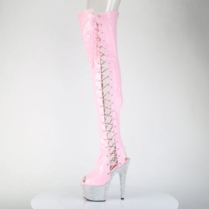 Pleaser BEJEWELED-3052HG-7 Baby Pink Holographic / Silver Aurora Borealis Rhinestones Rhinestone Lace-Up Platform Thigh High Boots - 7 Inch Heels