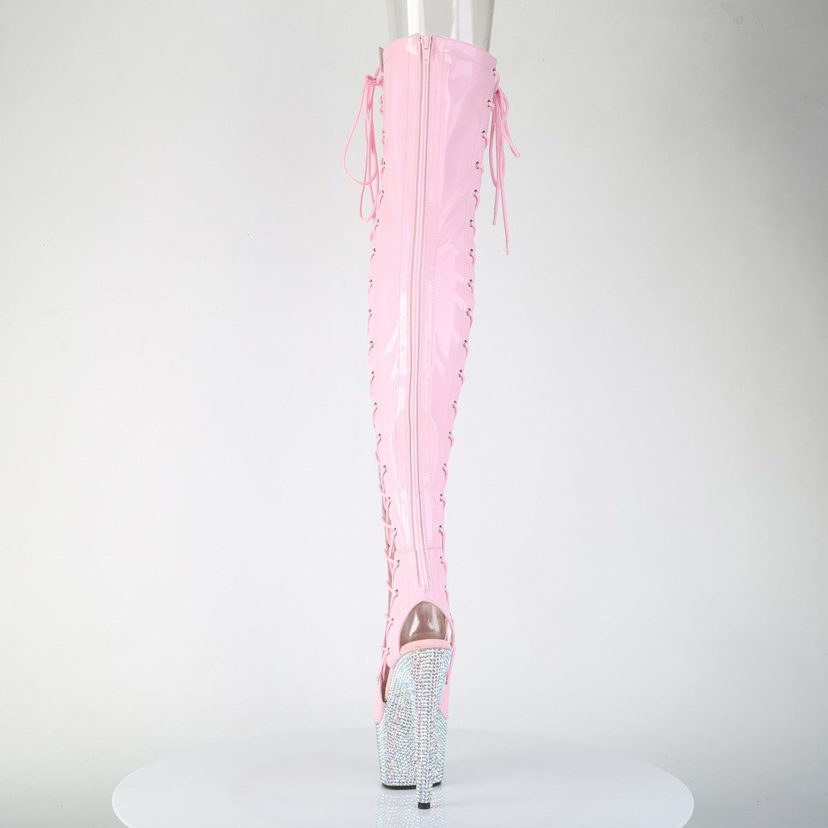 Pleaser BEJEWELED-3052HG-7 Baby Pink Holographic / Silver Aurora Borealis Rhinestones Rhinestone Lace-Up Platform Thigh High Boots - 7 Inch Heels