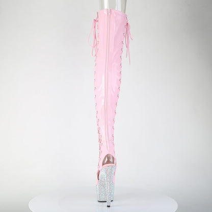 Pleaser BEJEWELED-3052HG-7 Baby Pink Holographic / Silver Aurora Borealis Rhinestones Rhinestone Lace-Up Platform Thigh High Boots - 7 Inch Heels