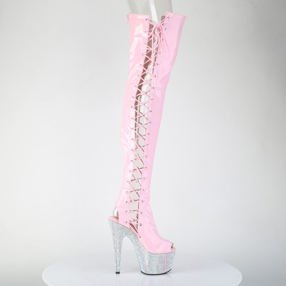 Pleaser BEJEWELED-3052HG-7 Baby Pink Holographic / Silver Aurora Borealis Rhinestones Rhinestone Lace-Up Platform Thigh High Boots - 7 Inch Heels