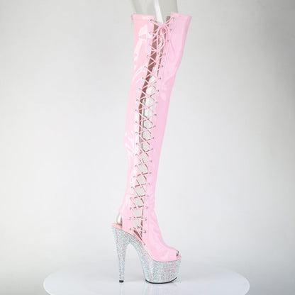 Pleaser BEJEWELED-3052HG-7 Baby Pink Holographic / Silver Aurora Borealis Rhinestones Rhinestone Lace-Up Platform Thigh High Boots - 7 Inch Heels