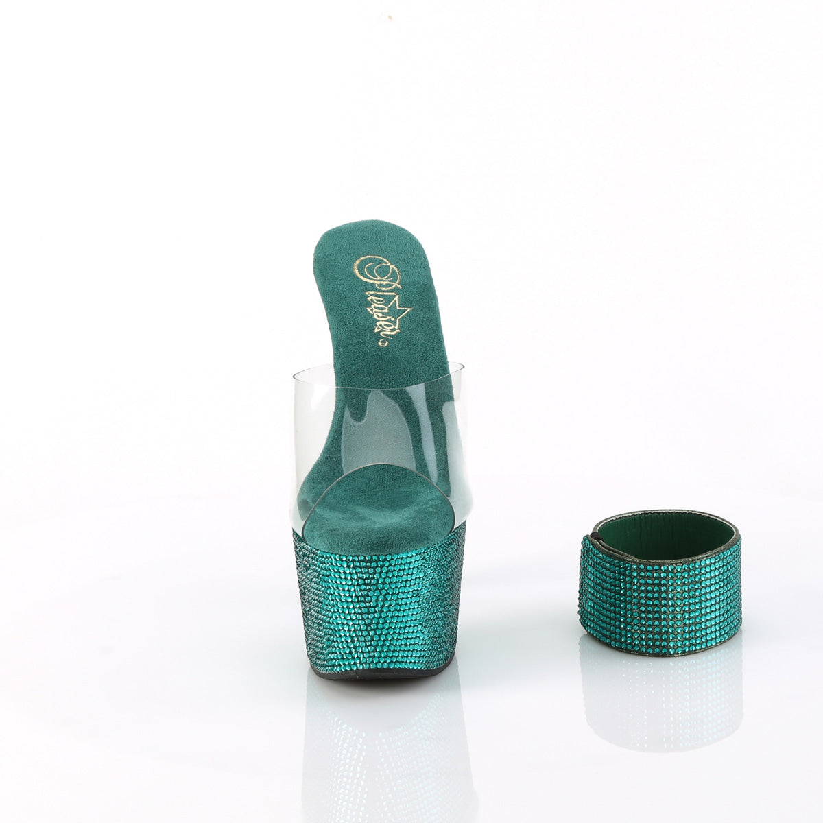 Pleaser BEJEWELED-712RS Clear / Green Rhinestones Rhinestone Platform Mules - 7 Inch Heels