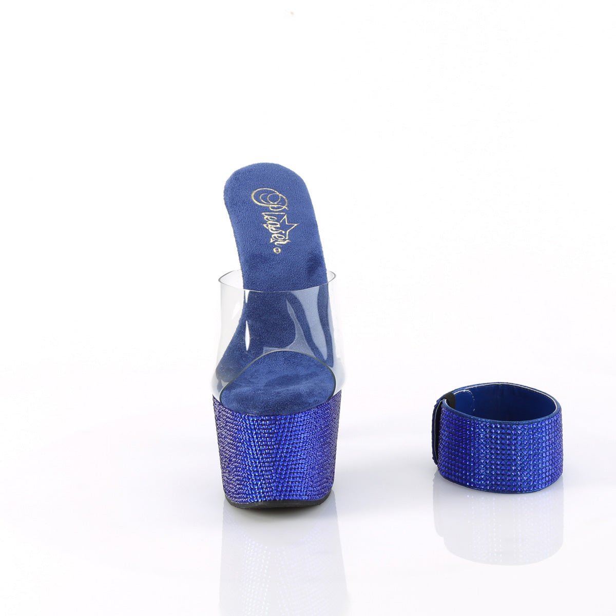 Pleaser BEJEWELED-712RS Clear / Royal Blue Rhinestones Rhinestone Platform Mules - 7 Inch Heels