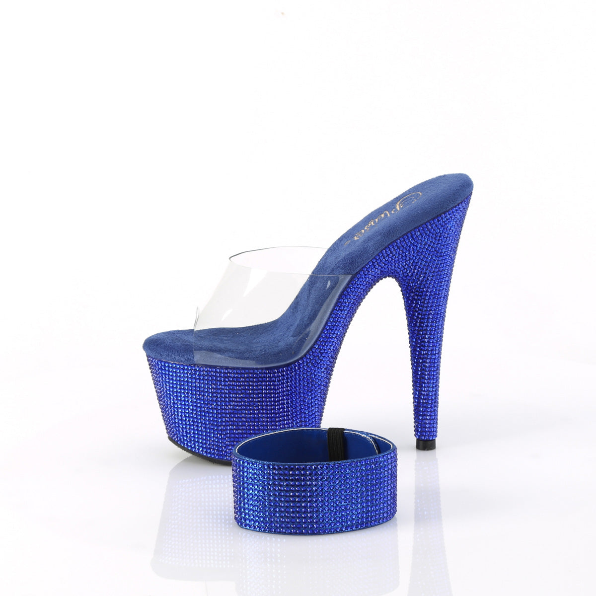 Pleaser BEJEWELED-712RS Clear / Royal Blue Rhinestones Rhinestone Platform Mules - 7 Inch Heels
