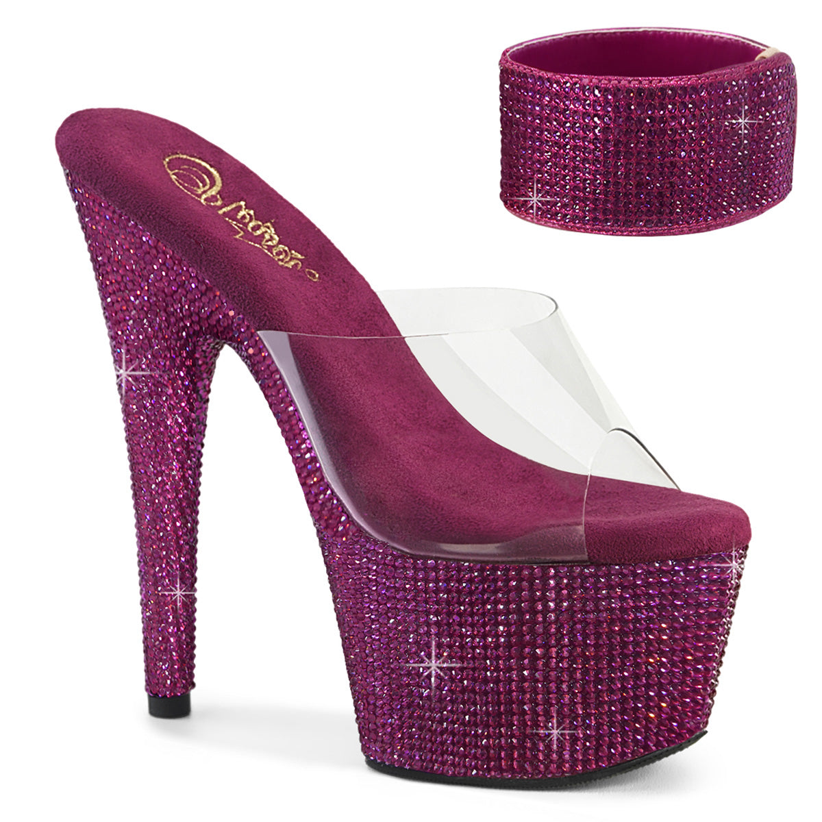 Pleaser BEJEWELED-712RS Clear / Fuchsia Rhinestones Rhinestone Platform Mules - 7 Inch Heels
