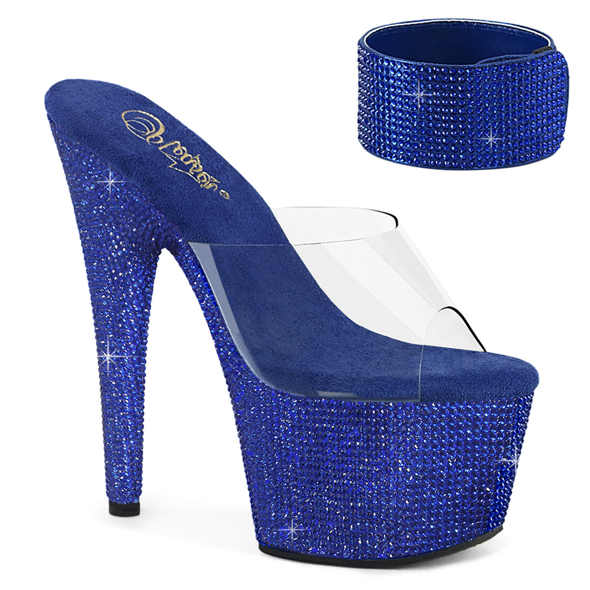 Pleaser BEJEWELED-712RS Clear / Royal Blue Rhinestones Rhinestone Platform Mules - 7 Inch Heels