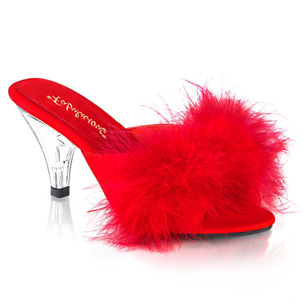 BELLE-301F Fabulicious 3 Inch Heel Red Fur Sexy Shoes Red Satin-Fur Clear