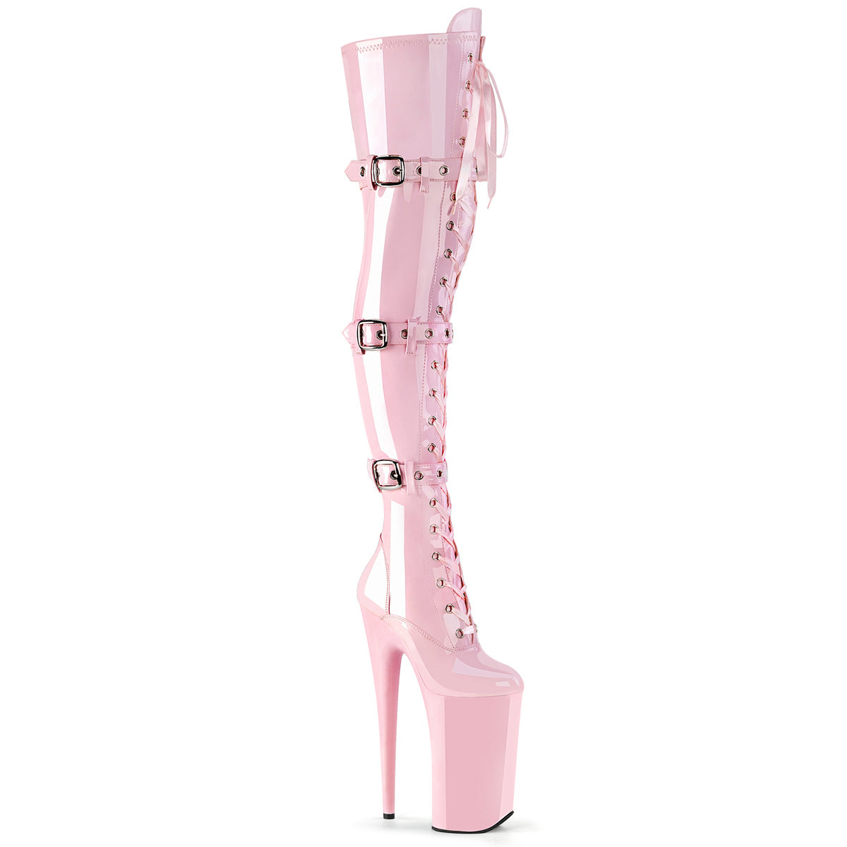 BEYOND-3028 Pleaser Baby Pink 10 Inch Fierce Thigh Boots B. Pink Stretch Patent B. Pink
