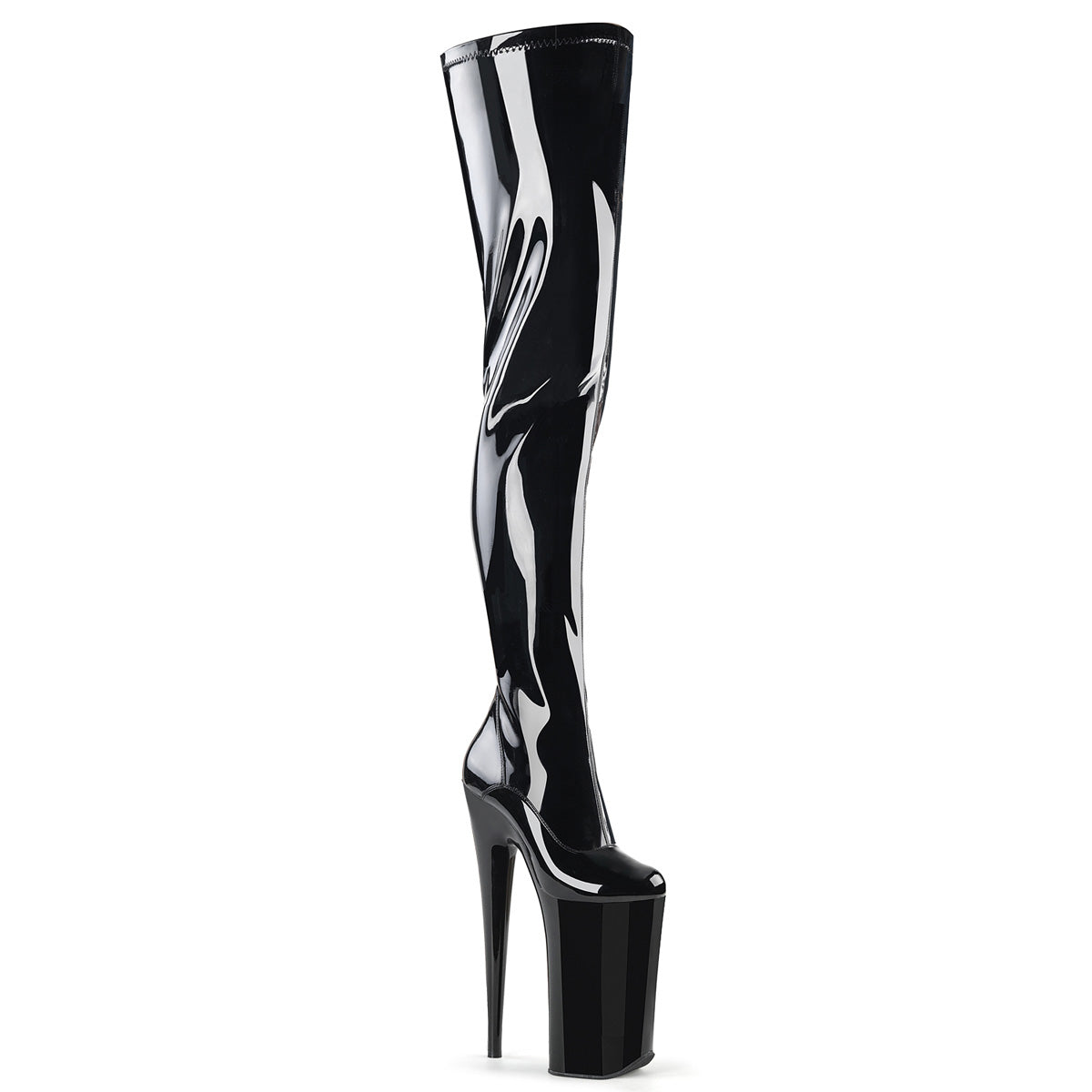 BEYOND-4000 Pleaser Black 10 Inch Sky High Crotch Boots Black Stretch Patent