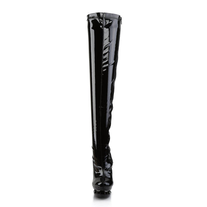 Pleaser BLONDIE-3000 Black / Black-Pewter Chrome Platform Thigh High Boots - 6 Inch Heels