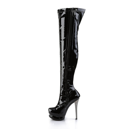Pleaser BLONDIE-3000 Black / Black-Pewter Chrome Platform Thigh High Boots - 6 Inch Heels