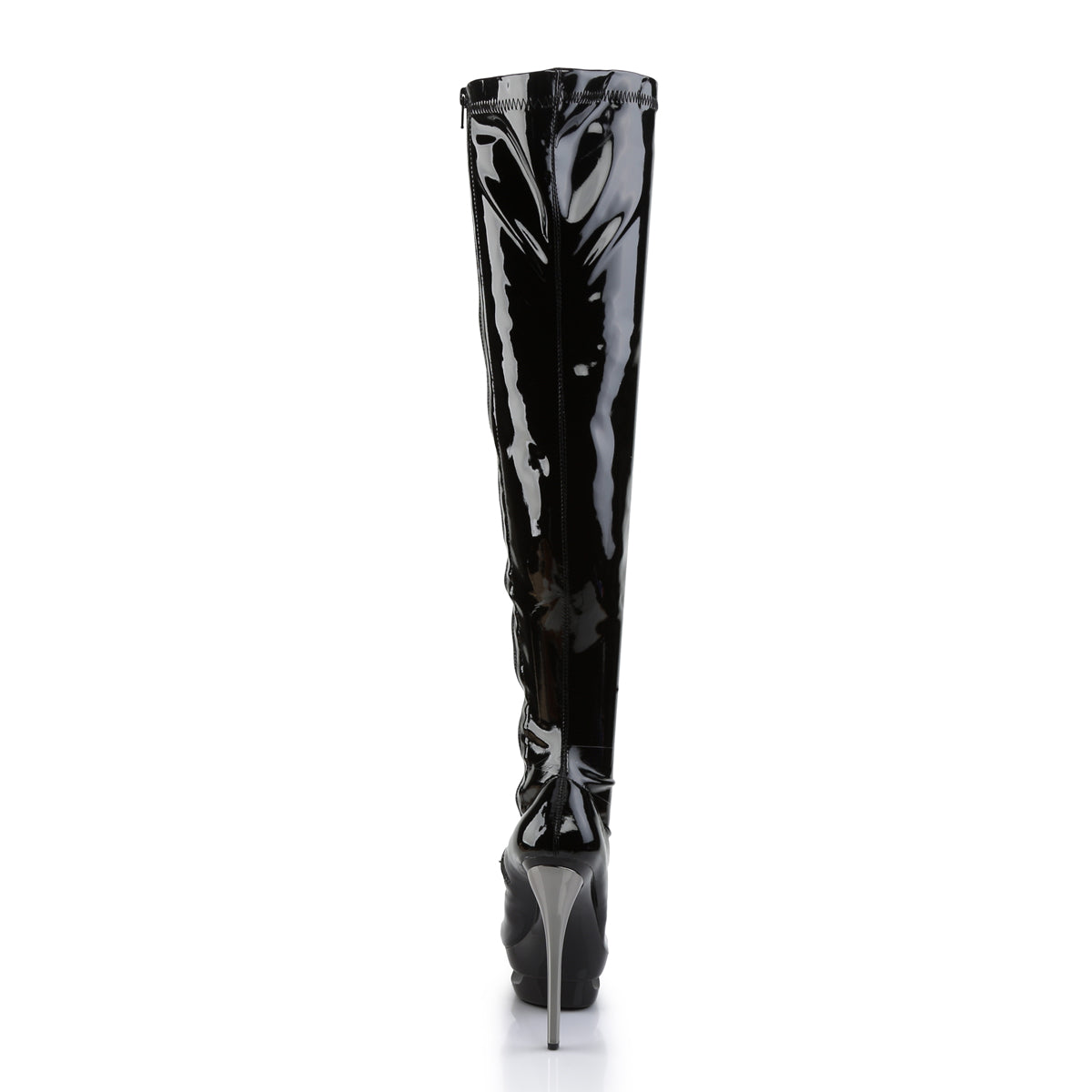 Pleaser BLONDIE-3000 Black / Black-Pewter Chrome Platform Thigh High Boots - 6 Inch Heels