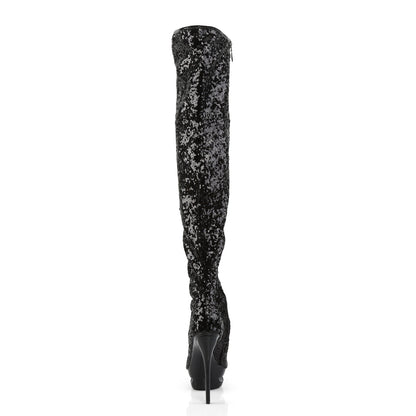 BLONDIE-R-3011 Pleaser Black Sequins 6 Inch Stratement Thigh Boots