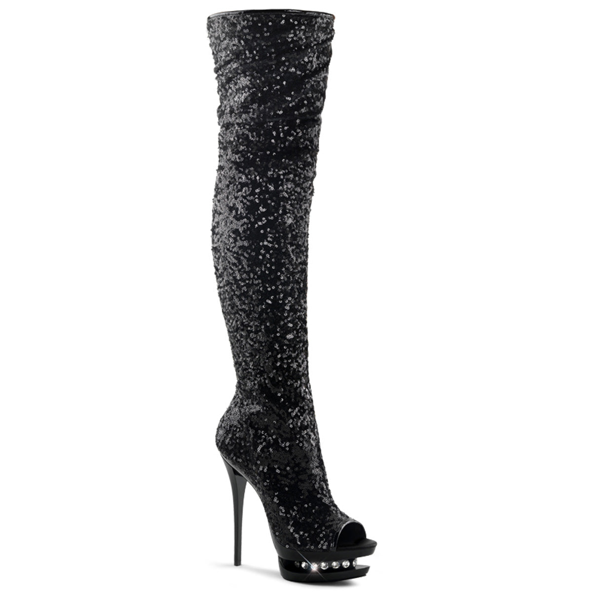 BLONDIE-R-3011 Pleaser Black Sequins 6 Inch Stratement Thigh Boots