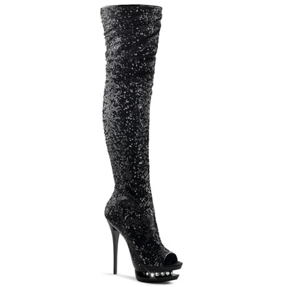 BLONDIE-R-3011 Pleaser Black Sequins 6 Inch Stratement Thigh Boots