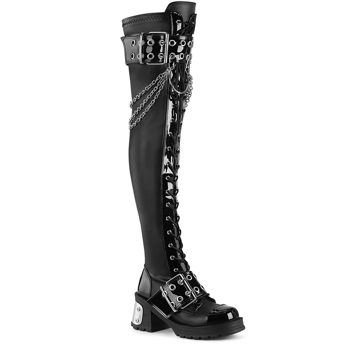 BRATTY-304 Demonia Cult Black Vegan 2.8 Inch Alternative Women's Over-the-Knee Boots Black Stretch Vegan Leather
