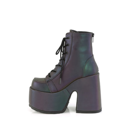Demonia CAMEL-203 Green Multicolour Reflective Lace-Up Platform Ankle Boots - 5 Inch Heels