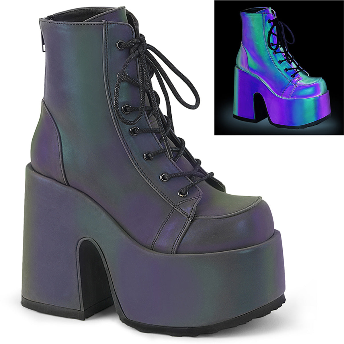 CAMEL-203 Demonia Cult Green Multi Reflective 5 Inch Alternative Women's Ankle Boots