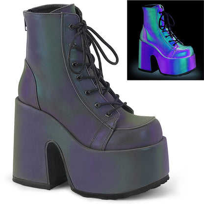 CAMEL-203 Demonia Cult Green Multi Reflective 5 Inch Alternative Women's Ankle Boots Green Multi Reflective