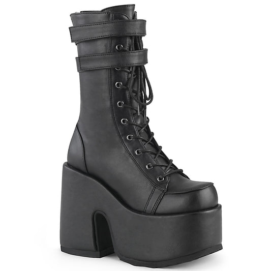 Demonia CAMEL-250 Black Lace-Up Platform Mid Calf Boots - 5 Inch Heels