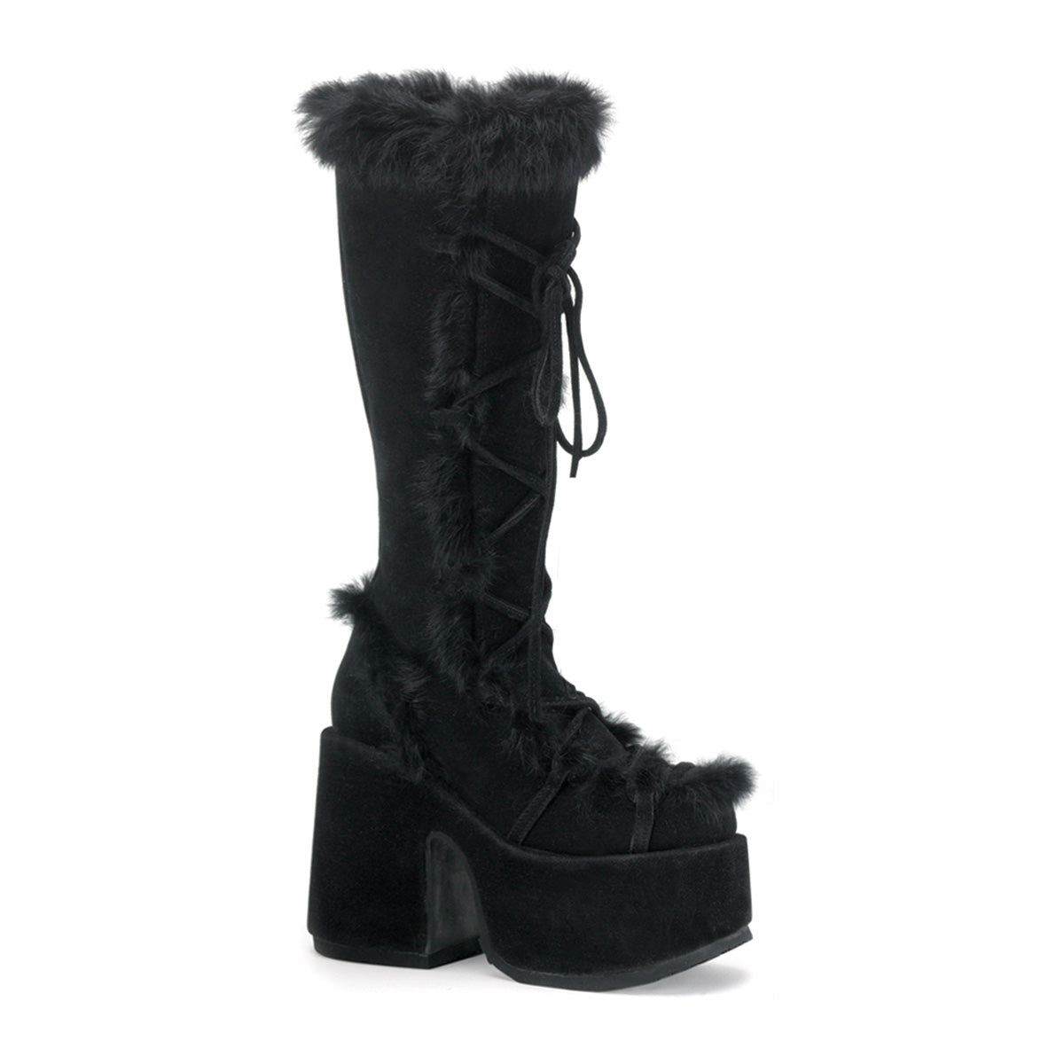 Demonia CAMEL-311 Black Vegan Suede Platform Knee High Boots - 5 Inch Heels