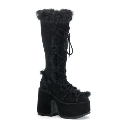 Demonia CAMEL-311 Black Vegan Suede Platform Knee High Boots - 5 Inch Heels