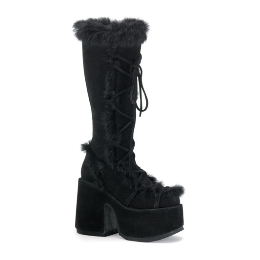 Demonia CAMEL-311 Black Vegan Suede Platform Knee High Boots - 5 Inch Heels