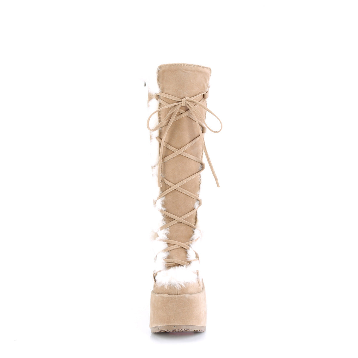 Demonia CAMEL-311 Camel Vegan Suede Lace-Up Platform Knee High Boots - 5 Inch Heels