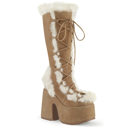 Demonia CAMEL-311 Camel Vegan Suede Lace-Up Platform Knee High Boots - 5 Inch Heels