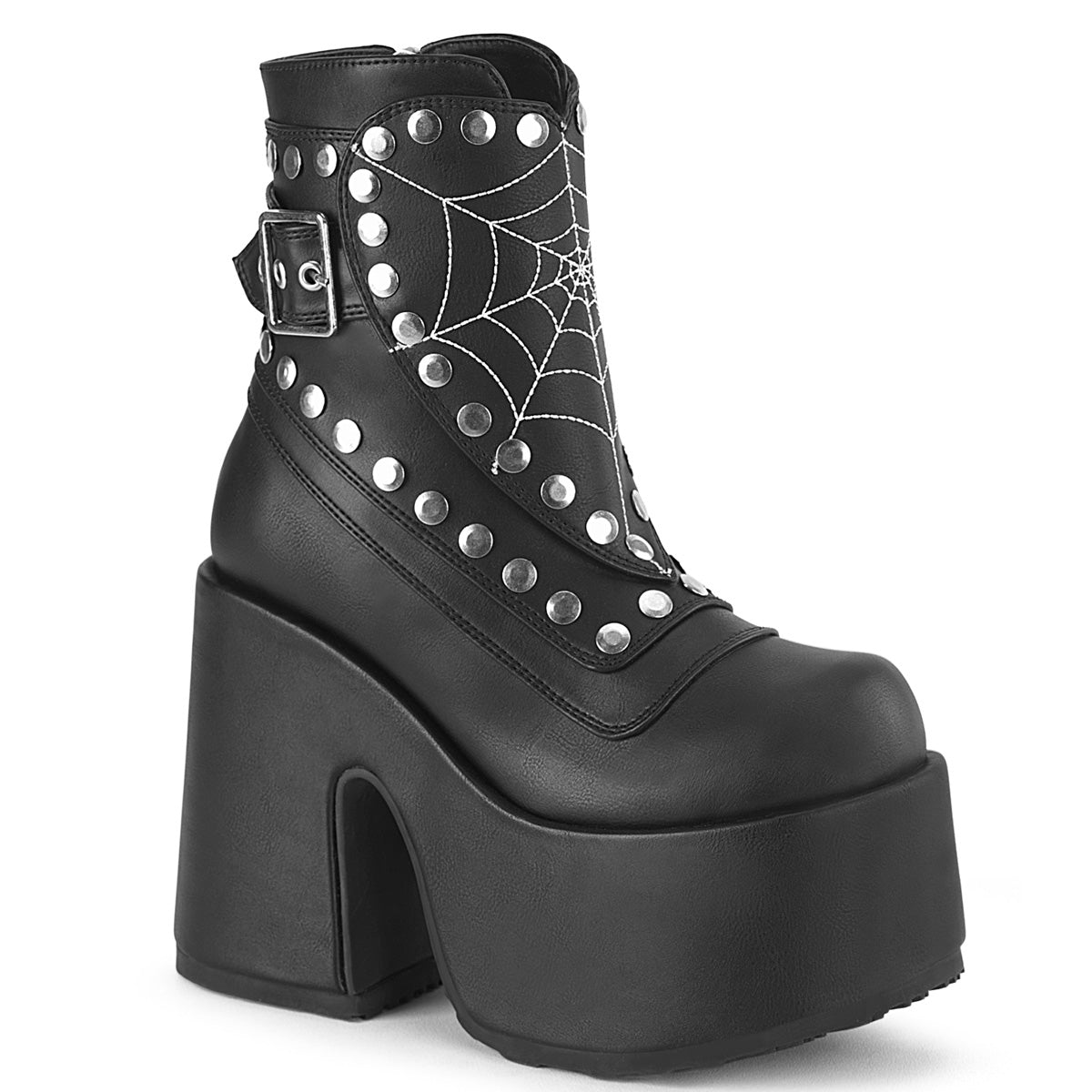 CAMEL-70 Demonia Black Vegan Leather Women's Spiderweb Heart Ankle Boots