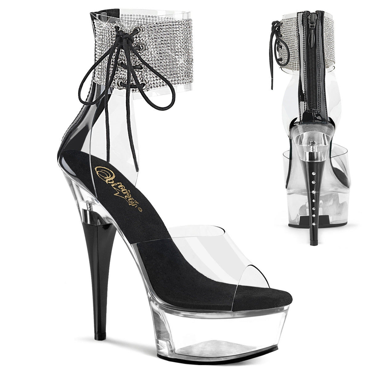 Pleaser CAPTIVA-624RS Clear / Black Rhinestone Platform Sandals - 6 Inch Heels