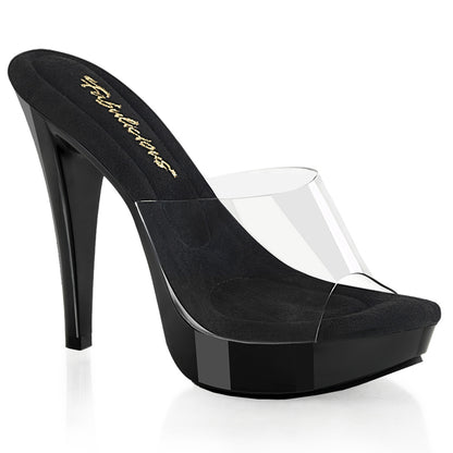 Fabulicious COCKTAIL-501 Clear / Black Platform Mules - 5 Inch Heels