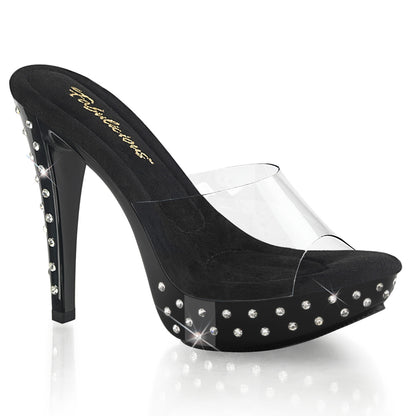 Fabulicious COCKTAIL-501SDT Clear / Black Rhinestone Platform Mules - 5 Inch Heels