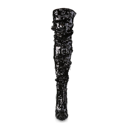 Pleaser COURTLY-3011 Black Sequins Sequin Thigh High Boots - 5 Inch Heels