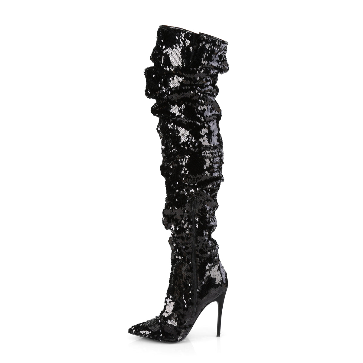 Pleaser COURTLY-3011 Black Sequins Sequin Thigh High Boots - 5 Inch Heels