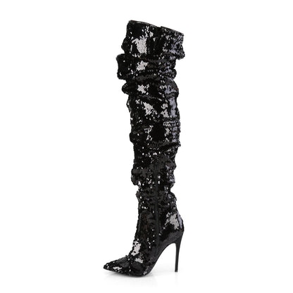 Pleaser COURTLY-3011 Black Sequins Sequin Thigh High Boots - 5 Inch Heels