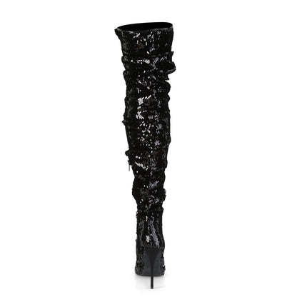 Pleaser COURTLY-3011 Black Sequins Sequin Thigh High Boots - 5 Inch Heels