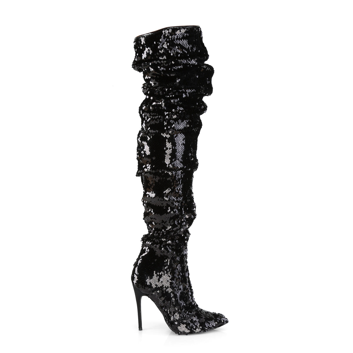 Pleaser COURTLY-3011 Black Sequins Sequin Thigh High Boots - 5 Inch Heels