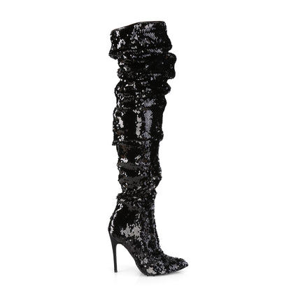 Pleaser COURTLY-3011 Black Sequins Sequin Thigh High Boots - 5 Inch Heels