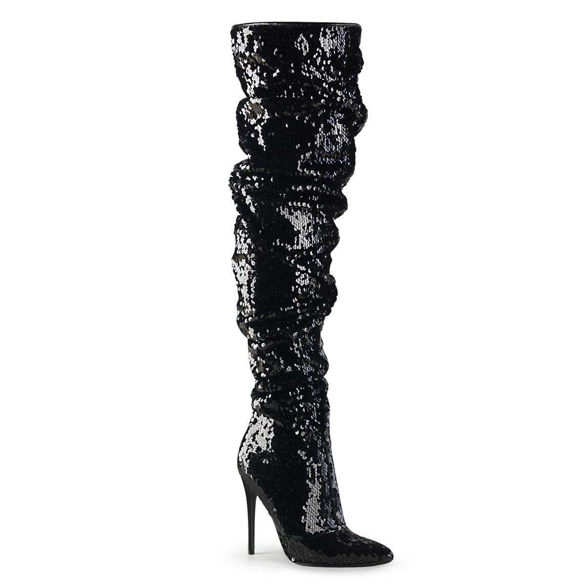 Pleaser COURTLY-3011 Black Sequins Sequin Thigh High Boots - 5 Inch Heels
