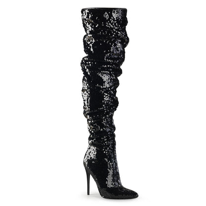Pleaser COURTLY-3011 Black Sequins Sequin Thigh High Boots - 5 Inch Heels