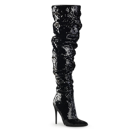 Pleaser COURTLY-3011 Black Sequins Sequin Thigh High Boots - 5 Inch Heels