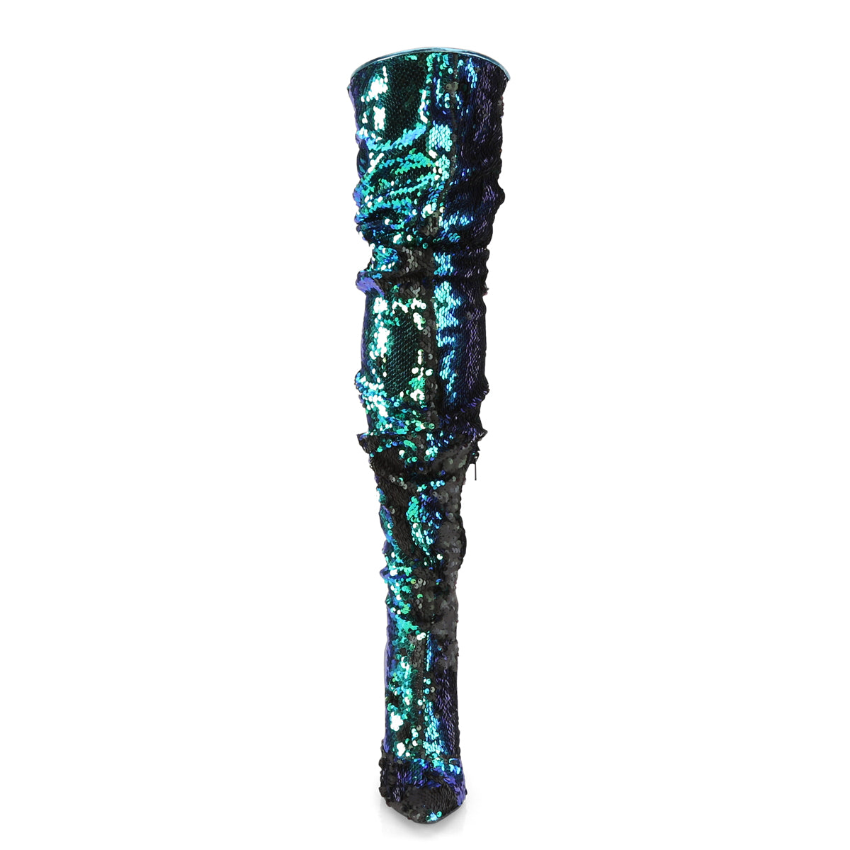 Pleaser COURTLY-3011 Green Iridescent Sequins Sequin Thigh High Boots - 5 Inch Heels