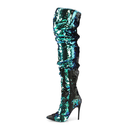 Pleaser COURTLY-3011 Green Iridescent Sequins Sequin Thigh High Boots - 5 Inch Heels