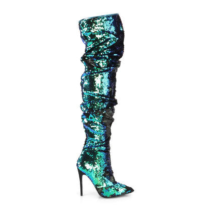 Pleaser COURTLY-3011 Green Iridescent Sequins Sequin Thigh High Boots - 5 Inch Heels